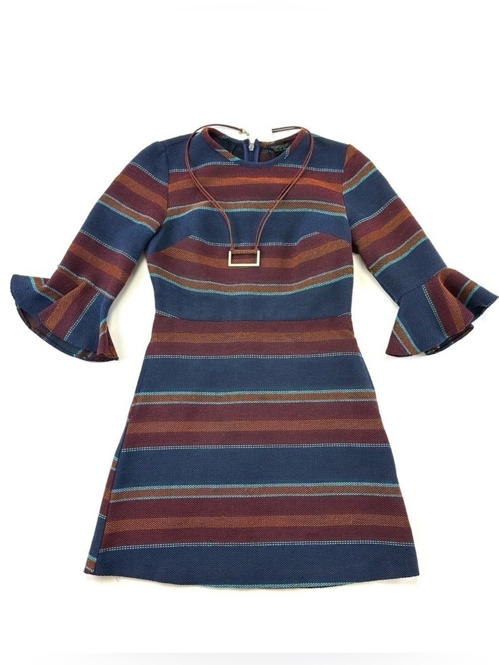 Top Shop serape blanket stripe dress and NEW necklace Size 6 fluted sleeves
